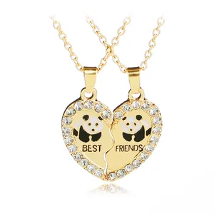 Golden best friends panda heart necklaces with sparkling rhinestones for women