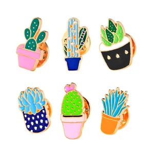 Set of six cartoon cactus enamel pins in various shapes and colorful flower pots