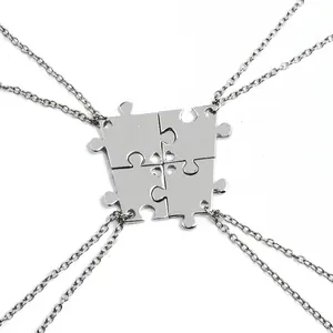Silver puzzle piece necklace set for 4 best friends with interlocking heart design