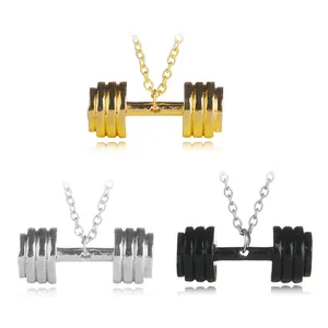 Barbell pendant necklaces for fitness enthusiasts in gold, silver, and matte black finish