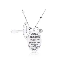 Detail of silver tree of life necklace with angel charm and engraved quote pendant