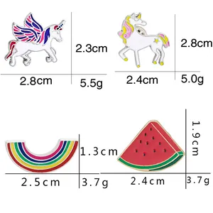 Cartoon enamel pin set with unicorn, rainbow, and watermelon designs and dimensions