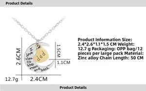 Detailed specs of moon and heart pendant necklace with Dad engraving and measurements