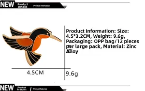 Dettagli della spilla a colibrì in lega di zinco, dimensioni 4,5x3,2 cm e peso di circa 9,6 g