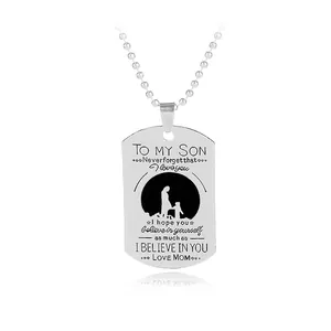 Silver stainless steel dog tag necklace with engraved mother and son silhouette and quote