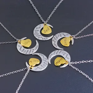 Family set necklaces with silver crescent moon and gold heart pendants for various members