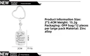 Zinc alloy keychain detail with Mother & Daughter engraved tag and size specifications