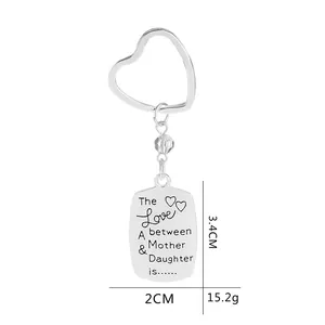 Silver mother and daughter love keychain with heart ring and engraved metal tag charm