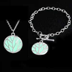 Luminous Tree of Life hollow pendant necklace and OT buckle bracelet set in silver and green