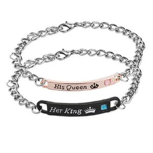 Matching couple bracelets set featuring His Queen and Her King crown engraved plates