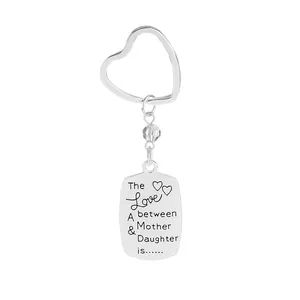 Silver mother and daughter keychain with engraved heart ring and crystal bead