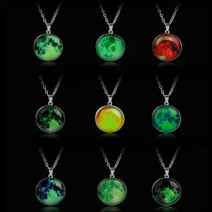 Luminous moon and galaxy pendant necklaces in nine colors on silver chain