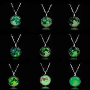 Luminous moon pendant necklaces with 9 distinct glowing glass dome textures in the dark