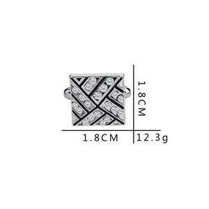 Square silver alloy cufflinks with rhinestones and black enamel design, 1.8cm size