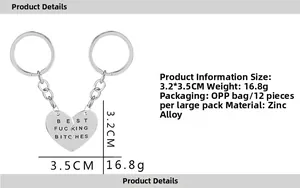 Zilverkleurige gebroken hart sleutelhanger met tekstgravure, afmetingen van 3,2x3,5 cm