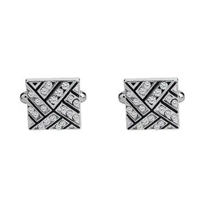 Silver square cufflinks with black enamel geometric pattern and inlaid crystals
