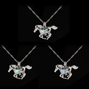 Glow-in-the-dark running horse pendant necklace in blue and green luminous colors