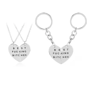 Zilveren hartjeskettingen en sleutelhangers set met BEST FUCKING BITCHES gravure