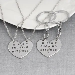 Best Fucking Bitches Vriendschap Hart Splicing Ketting En Sleutelhanger Set Legering Zilver Gegraveerde Hanger Voor Vrienden Sieraden Cadeau