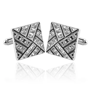 Men Business Square Alloy Cufflinks With Rhinestone Inlaid Black Enamel Geometric Pattern Silver Color Cuff Links Gift