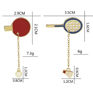 Cartoon sport style ping pong and badminton rackets enamel pins with gold chain charms
