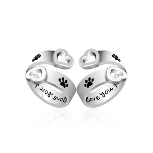 Trendy Hollow Heart Paw Print Open Ring I Love You Forever Engraved Adjustable Alloy Gold Silver Finger Ring Jewelry Gift