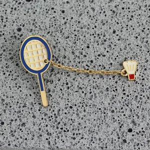 Creative enamel tennis racket and shuttlecock pin set connected by gold chain