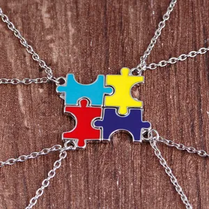Colorful 4-piece puzzle Best Friends necklace set with vibrant enamel pendant charms