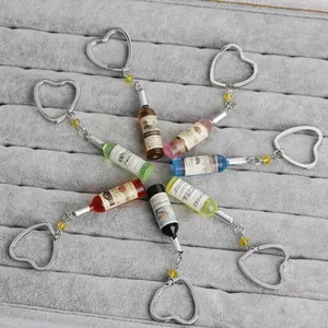 Creative Miniature Wine Bottle Keychain Heart Shaped Metal Ring Resin Drink Bottle Bag Charm Pendant Accessories Gift For Women