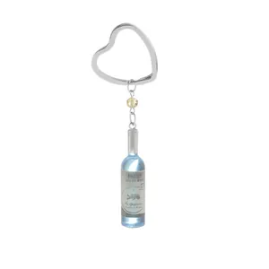 Miniature blue wine bottle keychain with heart ring and decorative yellow bead