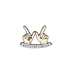 Creative hand gesture enamel brooch with Whatever Forever text on white background