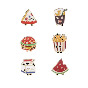 Cartoon food enamel pin set featuring hamburger pizza fries milk soda and watermelon