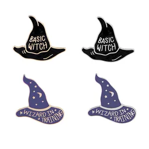 Detailed views of wizard hat enamel pins with Basic Witch and Wizard in Training text
