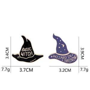 Wizard hat enamel pins with Basic Witch and Wizard in Training text on white background