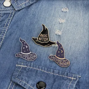 Magic witch hat enamel pins set for jackets and bags featuring crescent moon designs