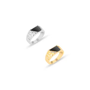 Men's geometric signet ring with black enamel, cubic zirconia row and Greek key pattern