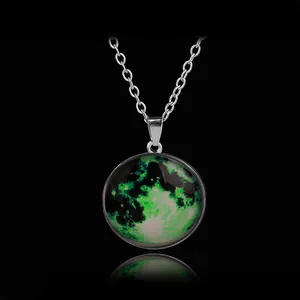 Luminous green galaxy space glass dome pendant necklace with silver link chain