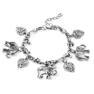 Retro silver metal chain bracelet featuring detailed elephant and hollow heart charms