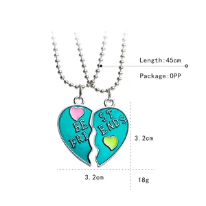 Teal Best Friends split heart necklace set with colorful enamel on metal ball chains