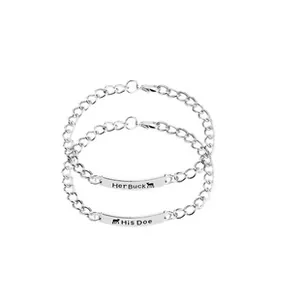 Detailed engraving of Her Buck and His Doe on couple's stainless steel bracelets