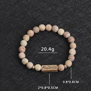 Detail of 8mm natural stone beaded bracelet with antique bronze Powerful plate