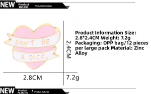 Detailed close-up of pink heart-shaped enamel pin with Don't be a Dick lettering