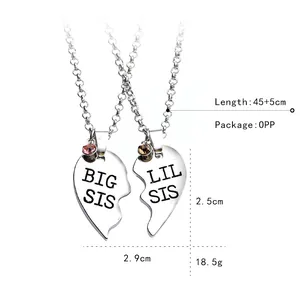 Big Sis and Lil Sis heart pendant necklace set with crystals on stainless steel chain