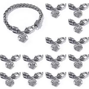 Silver woven bracelet with crystal heart charms for mom and best friends in multiple styles
