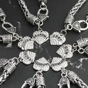 Detailed view of silver heart charms with crystals and family titles on link bracelets