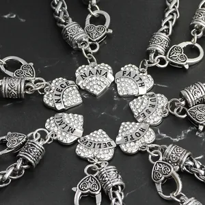 Vintage Alloy Heart Rhinestone Bracelet Silver Color Braided Chain Family Gift For Women Mom Sister Best Friend Teacher Nurse