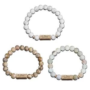 Three natural stone beaded bracelets with vintage metal plate engraved with Love word