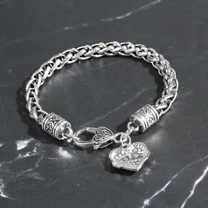 Vintage silver heart charm bracelet with wheat chain and engraved hollow beads