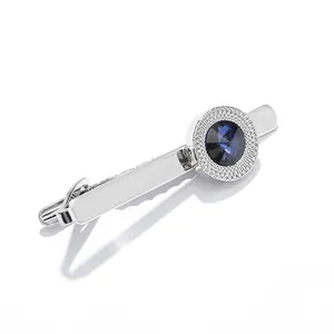 Elegant men's silver tie clip featuring a round blue zircon inlay on white background