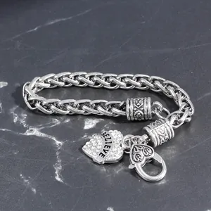 Retro silver woven chain bracelet featuring a heart pendant with BELIEVE engraving